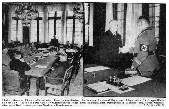 Fotos von der Amtseinführung Böhmckers am 24. Juni 1937 im Rathaus. Carl Röver (stehend bzw. links), Gauleiter und Reichsstatthalter, hatte Böhmckers (rechts in Uniform) Amtseinführung gegen den Widerstand einzelner Senatoren und gegen den Willen Hitlers durchgesetzt.