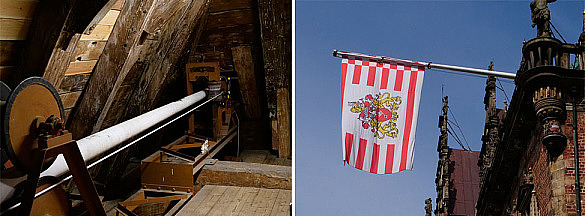 Links seht Ihr den Flaggenmast, wenn er im Dachboden ist. Rechts, wie er mit Flagge ausgefahren ist.